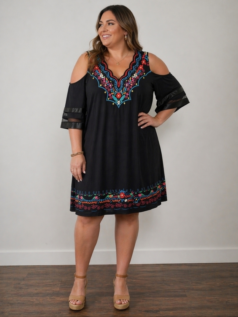 Exclusive Dress Womens Size XXL Black Embroidered Cold Shoulder Boho